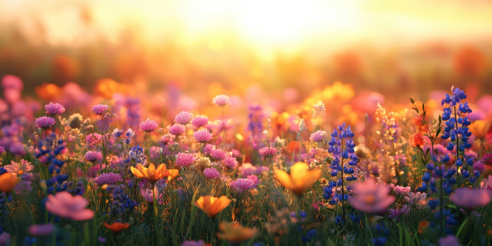 Vibrant wildflowers bloom under a warm sunset in a picturesque meadow during spring